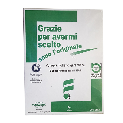 Prodotto: 05035 - SACCHETTI FOLLETTO VK135/6 N° 6 PZ ORIGINALI - FOLLETTO  (ricambi folletto - sacchetti); 05035